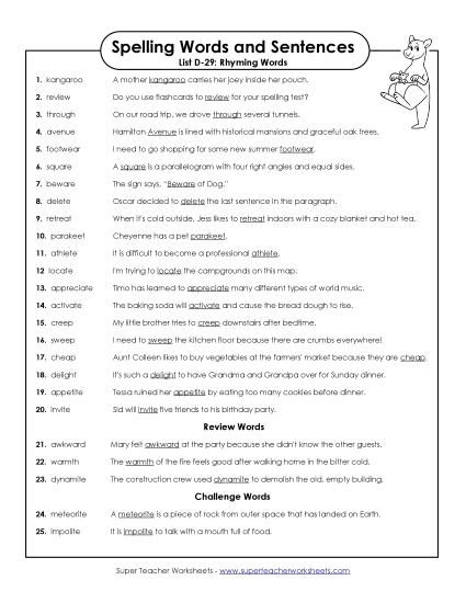 Spelling Test - Spelling Test Sentences (D-29) Spelling Test - Spelling Test Sentences (D-29)