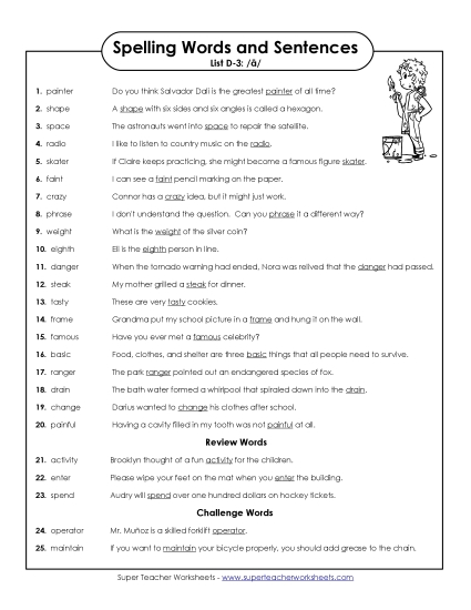 Spelling Test - Spelling Test Sentences (D-3)