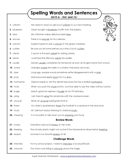 Spelling Test - Spelling Test Sentences (D-6)