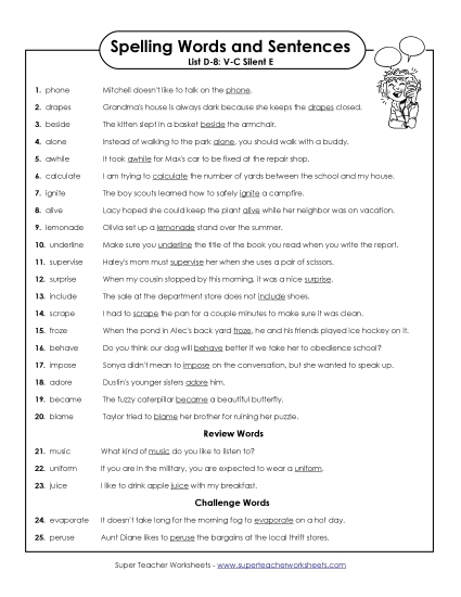 Spelling Test - Spelling Test Sentences (D-8) Spelling Test - Spelling Test Sentences (D-8)