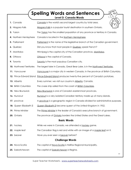 Spelling Test - Spelling Test Sentences (D-Canada Words) Spelling Test - Spelling Test Sentences (D-Canada Words)