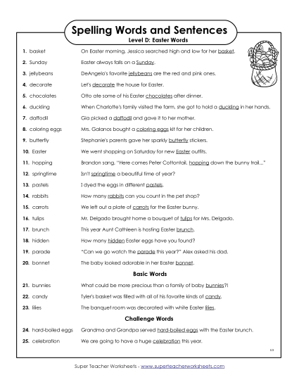 Spelling Test - Spelling Test Sentences (D-Easter) 