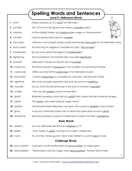 Spelling Test - Spelling Test Sentences (D-Halloween) 