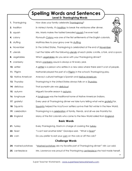 Spelling Test - Spelling Test Sentences (D-Thanksgiving) 