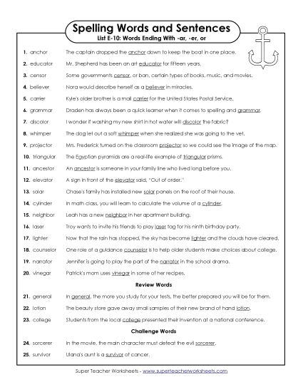 Spelling Test - Spelling Test Sentences (E-10)