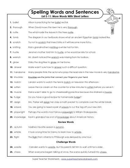 Spelling Test - Spelling Test Sentences (E-11)