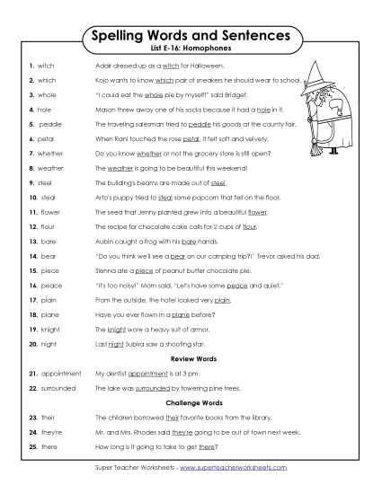 Spelling Test - Spelling Test Sentences (E-16)