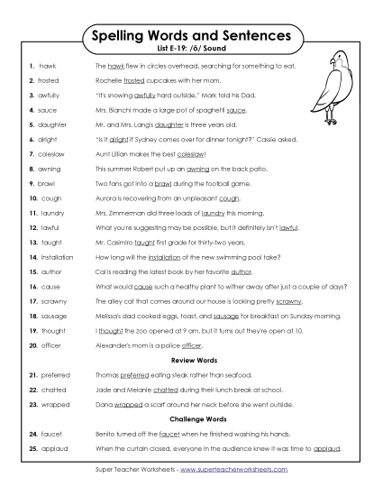 Spelling Test - Spelling Test Sentences (E-19)
