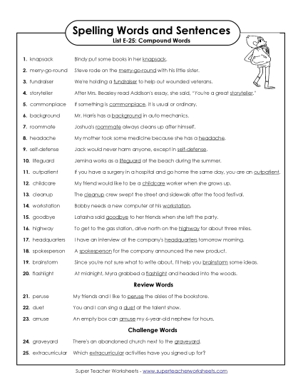 Spelling Test - Spelling Test Sentences (E-25)