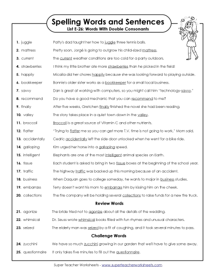 Spelling Test - Spelling Test Sentences (E-26)