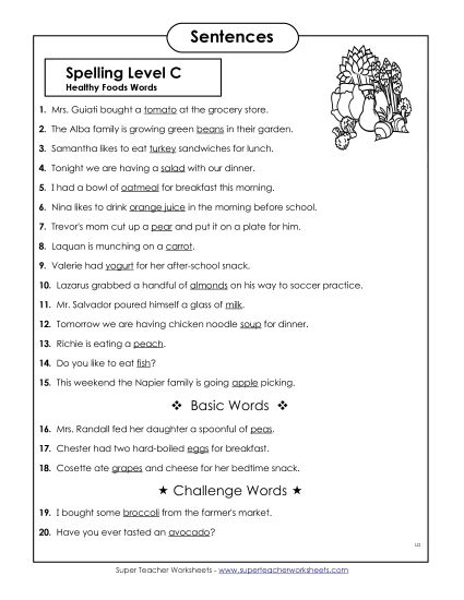 Spelling Test - Spelling Test Sentences (Healthy Foods) Spelling Test - Spelling Test Sentences (Healthy Foods)