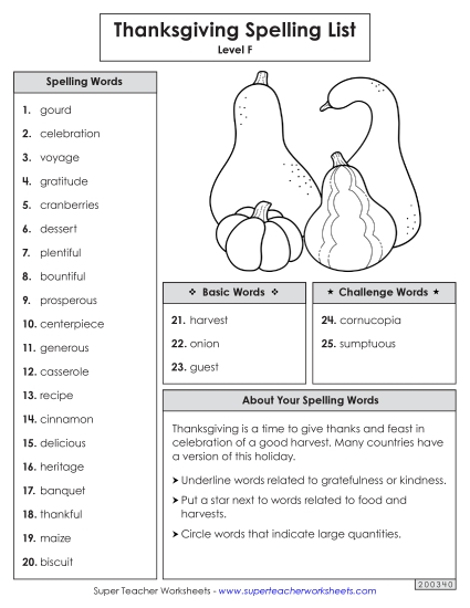 Spelling List - Spelling Word List (Thanksgiving)