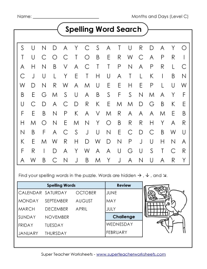 Worksheets and Activities - Spelling Word Search (C-Months and Days) 