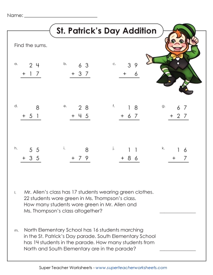 St. Pat's Addition - St. Patrick's Day 2-Digit Addition