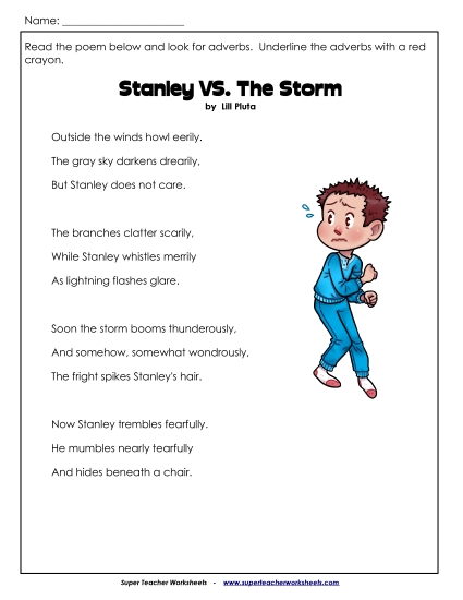 Adverb Worksheets - Stanley vs. The Storm (Poem)