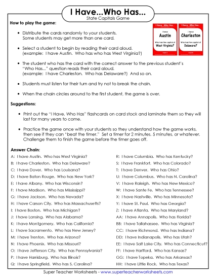 States & Capitals Games - States Game:  I have... Who has... (Printable PDF Worksheet)