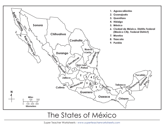 Maps - States of Mexico Map (Printable PDF Worksheet)