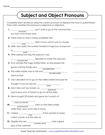Subject & Object Pronouns - Subject & Object Pronouns Fill in the Blank Subject & Object Pronouns - Subject & Object Pronouns Fill in the Blank