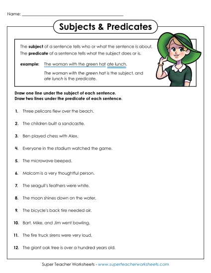 Subjects & Predicates - Subjects and Predicates Worksheet A