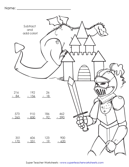 3-Digit Subtraction Worksheets - Subtract and Color: Castle 3-Digit Subtraction Worksheets - Subtract and Color: Castle