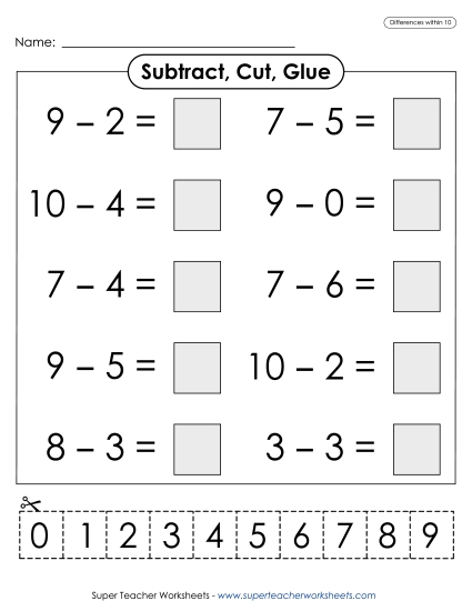 Cut-and-Glue Worksheets - Subtract, Cut, Glue (Differences within 10)