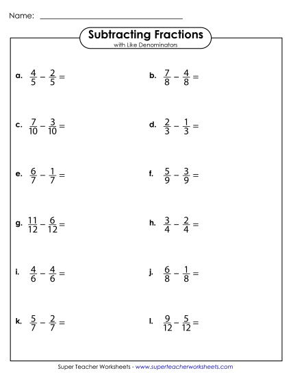 Subtracting Fractions: Same Denominator - Subtract Fractions with Like Denominators (Horizontal)