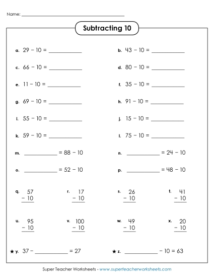 Subtracting 10 - Subtracting 10 (Horizontal & Vertical) Subtracting 10 - Subtracting 10 (Horizontal & Vertical)