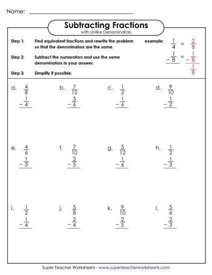 Worksheet Images - Subtracting Fraction w/ Unlike Denominators 2 (Vertical)