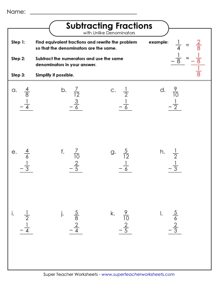 Subtracting Fractions: Different Denominators - Subtracting Fraction w/ Unlike Denominators 2 (Vertical)