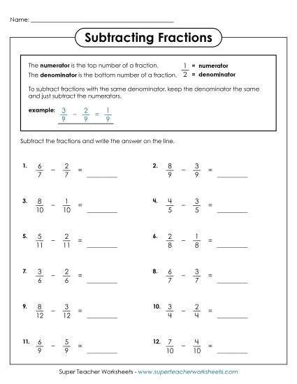 Subtracting Fractions: Same Denominator - Subtracting Fractions w/ Like Denominators (Horizontal)
