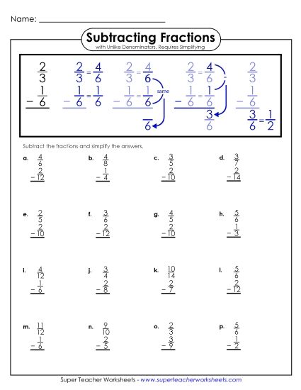 Worksheet Images - Subtracting Fractions w/ Unlike Denominators (Vertical) Worksheet Images - Subtracting Fractions w/ Unlike Denominators (Vertical)