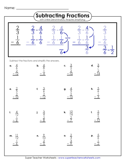 Subtracting Fractions: Different Denominators - Subtracting Fractions w/ Unlike Denominators (Vertical) Subtracting Fractions: Different Denominators - Subtracting Fractions w/ Unlike Denominators (Vertical)
