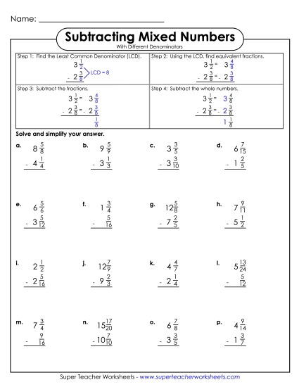 Adding and Subtracting Mixed Numbers - Subtracting Mixed Numbers 2 (Unlike Denominators)