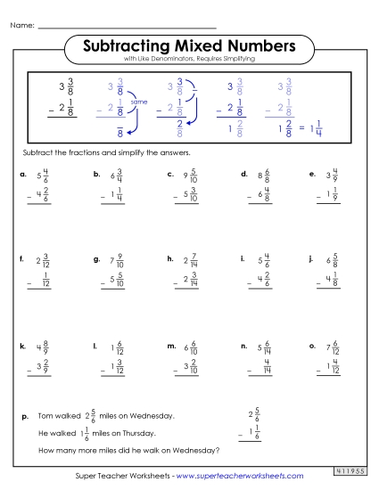Adding and Subtracting Mixed Numbers - Subtracting Mixed Numbers (Same Denominator)