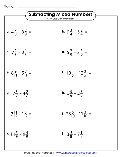 Subtracting Mixed Numbers: Same Denominators - Subtracting Mixed Numbers with Like Denominators (Horizontal)