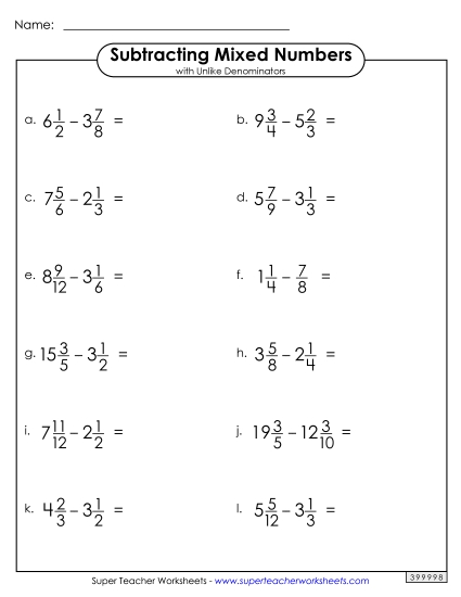Subtracting Mixed Numbers: Different Denominators - Subtracting Mixed Numbers with Unlike Denominators (Horizontal)