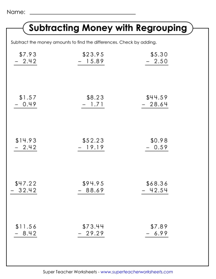 Money Subtraction - Subtracting Money (No Zeros)