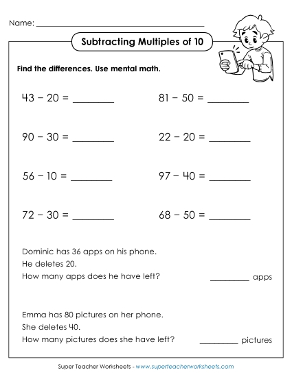 Subtracting Multiples of 10 - Subtracting Multiples of 10 (Horizontal w/ Word Problems) Subtracting Multiples of 10 - Subtracting Multiples of 10 (Horizontal w/ Word Problems)