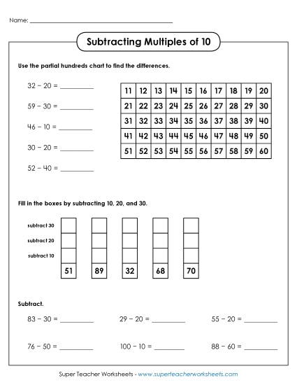 Subtracting Multiples of 10 - Subtracting Multiples of 10 (With a Hundreds Chart) Subtracting Multiples of 10 - Subtracting Multiples of 10 (With a Hundreds Chart)