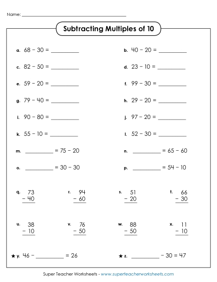 Subtracting Multiples of 10 - Subtracting Multiples of Ten (Vertical and Horizontal) Subtracting Multiples of 10 - Subtracting Multiples of Ten (Vertical and Horizontal)