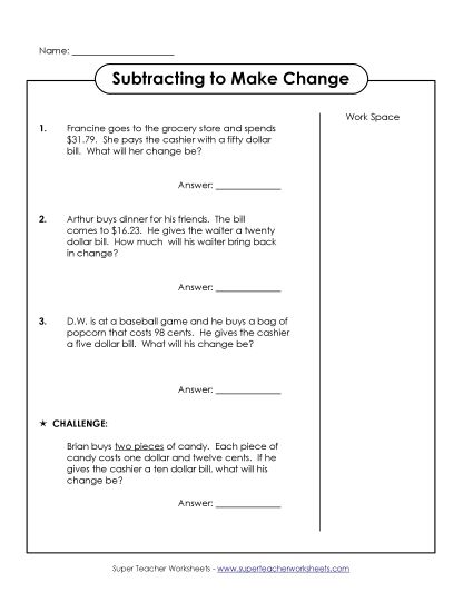 Subtraction - Subtracting Word Problems: Making Change (Medium) Subtraction - Subtracting Word Problems: Making Change (Medium)