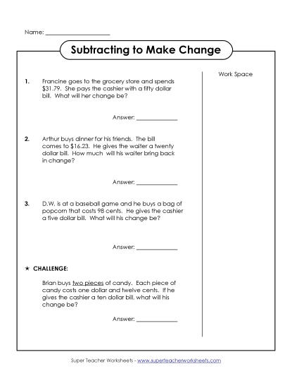 Subtraction - Subtracting Word Problems: Making Change (Medium) Subtraction - Subtracting Word Problems: Making Change (Medium)