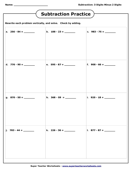 3-Digit Subtraction - Subtraction (3 digits - 2 digits) 3-Digit Subtraction - Subtraction (3 digits - 2 digits)