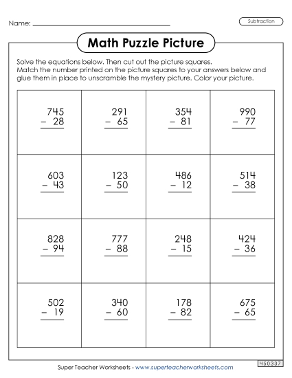 3-Digit Subtraction - Subtraction (3 digits - 2 digits) - Sled Picture Puzzle 3-Digit Subtraction - Subtraction (3 digits - 2 digits) - Sled Picture Puzzle