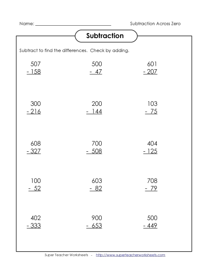 3-Digit Subtraction Worksheets - Subtraction Across Zero Worksheet 3-Digit Subtraction Worksheets - Subtraction Across Zero Worksheet