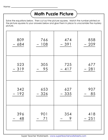 Subtraction - Subtraction Addition: Frankenstein Cut-and-Glue Mystery Puzzle Subtraction - Subtraction Addition: Frankenstein Cut-and-Glue Mystery Puzzle
