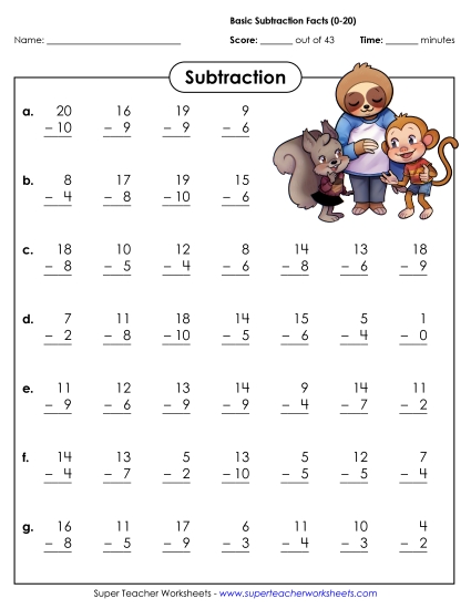 Subtraction Speed Drills - Subtraction Basic Facts (0-20)