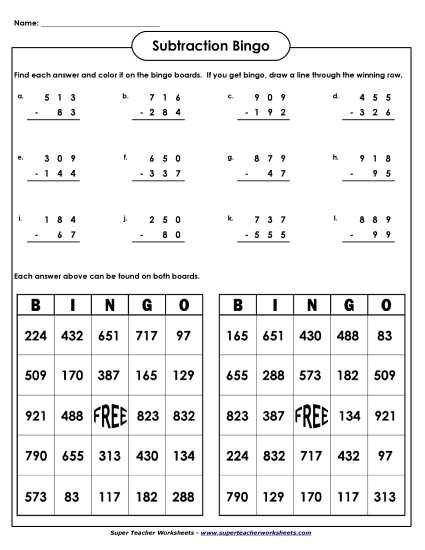 3-Digit Subtraction - Subtraction Bingo  (3-digits / Regrouping)