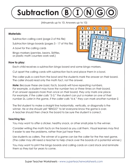 Basic Subtraction Games - Subtraction Bingo (Basic Facts Within 10) Basic Subtraction Games - Subtraction Bingo (Basic Facts Within 10)