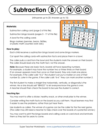 Games & Activities - Subtraction Bingo (Minuends up to 20)
